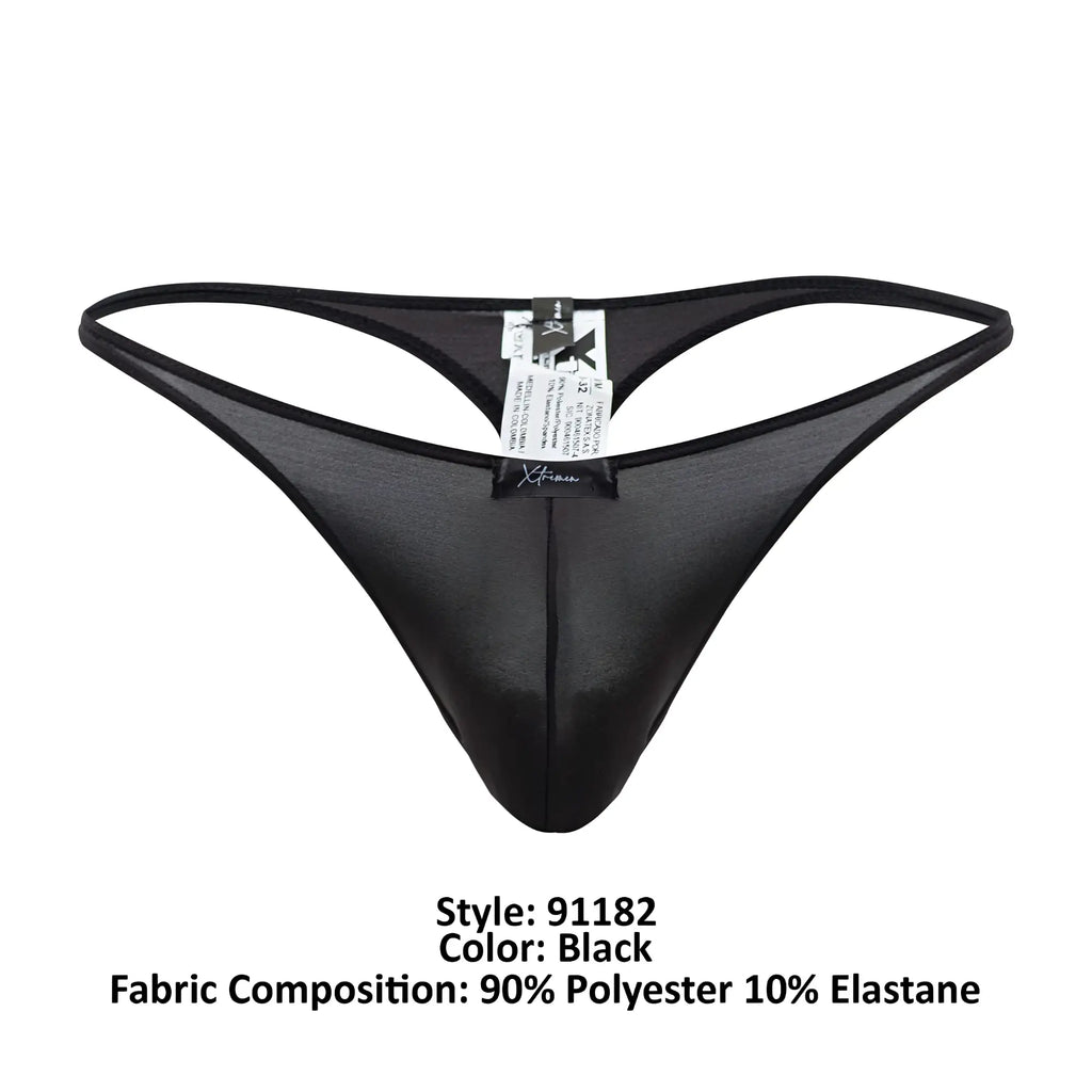 Black xtremen 91182 microfiber thong with sheer glossy finish and thin elastic waistband shown from the back side