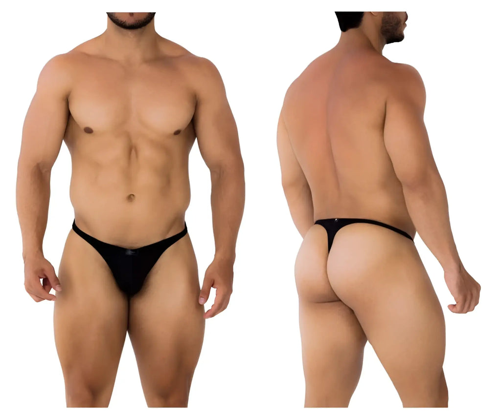 Black Xtremen 91182 microfiber thong with a subtle sheen and minimalistic design shown from the back side