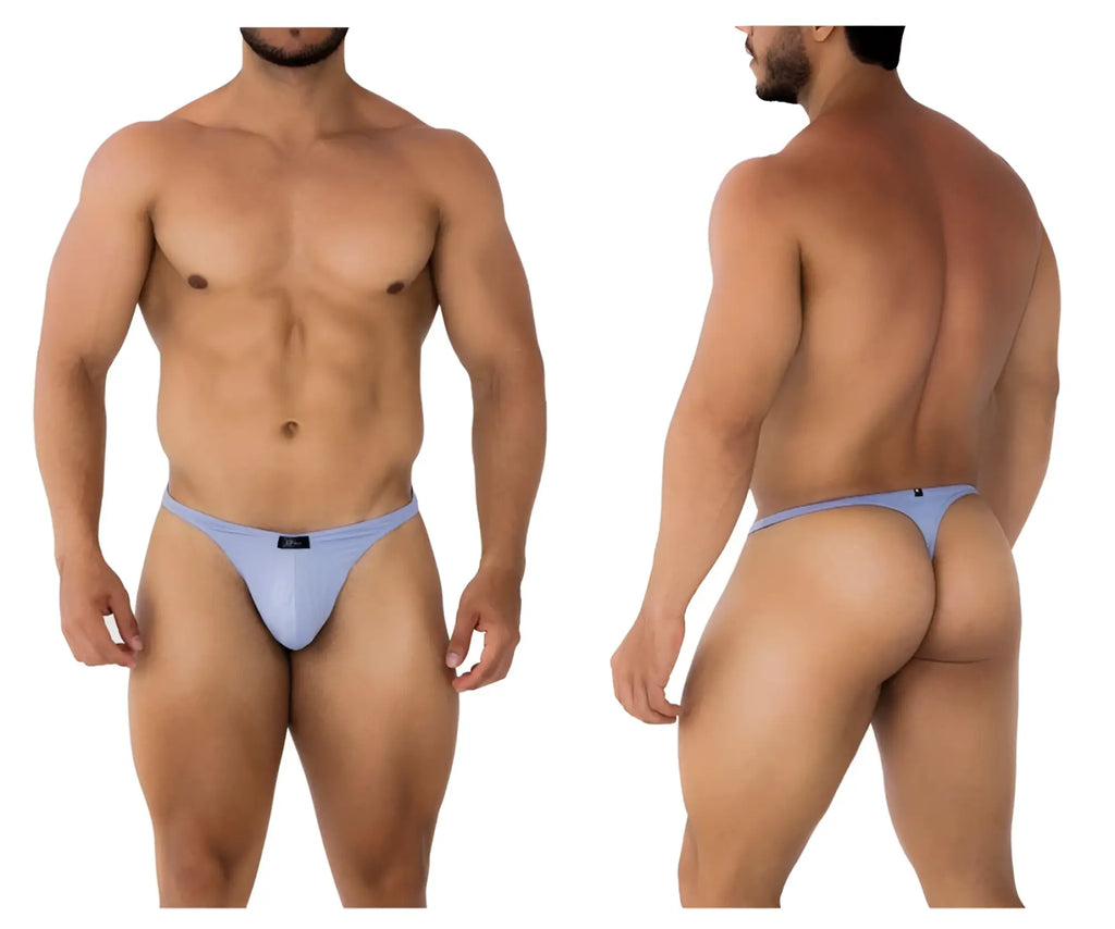 Light blue xtremen 91182 microfiber thong with smooth fabric and small black brand tag on the back side