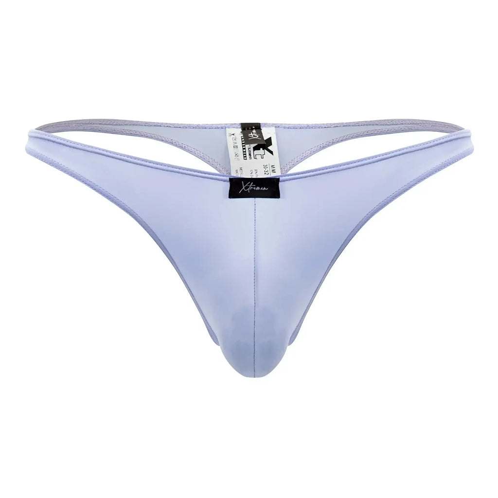 Light purple glossy satin microfiber thong with black Xtremen brand tag at center in lilac color