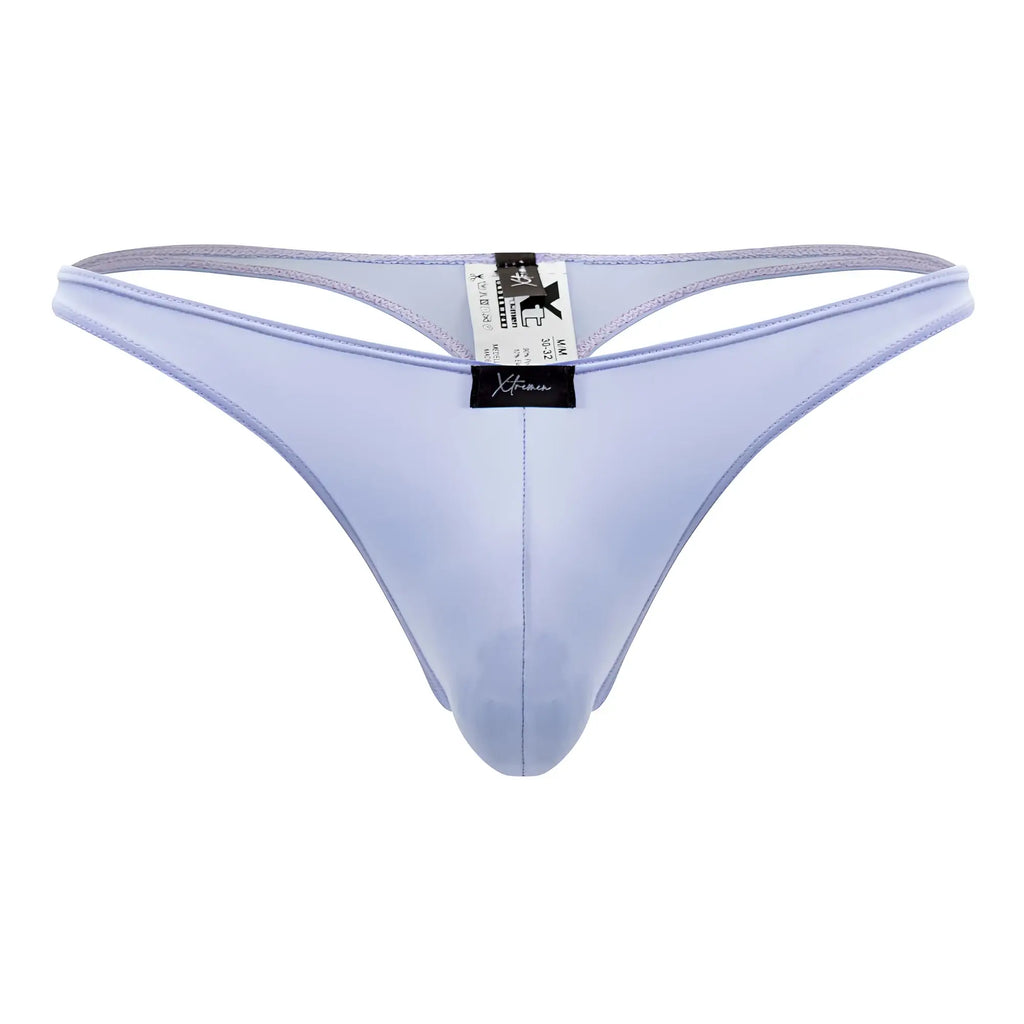 Light purple glossy satin microfiber thong with black Xtremen brand tag at center in lilac color