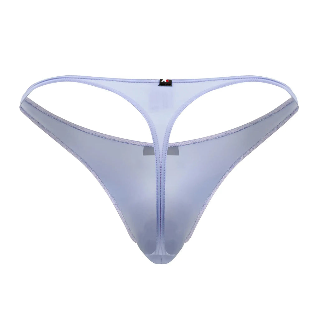 Transparent lavender microfiber thong with sheer mesh, central zipper, and stitched edges by Xtremen 91182