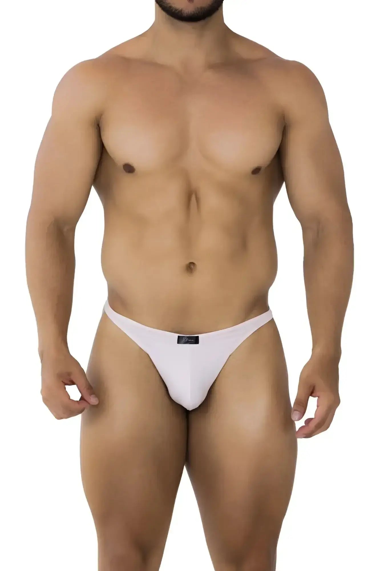 White xtremen 91182 microfiber thong with smooth fabric and small black brand tag at waistband shown from the back