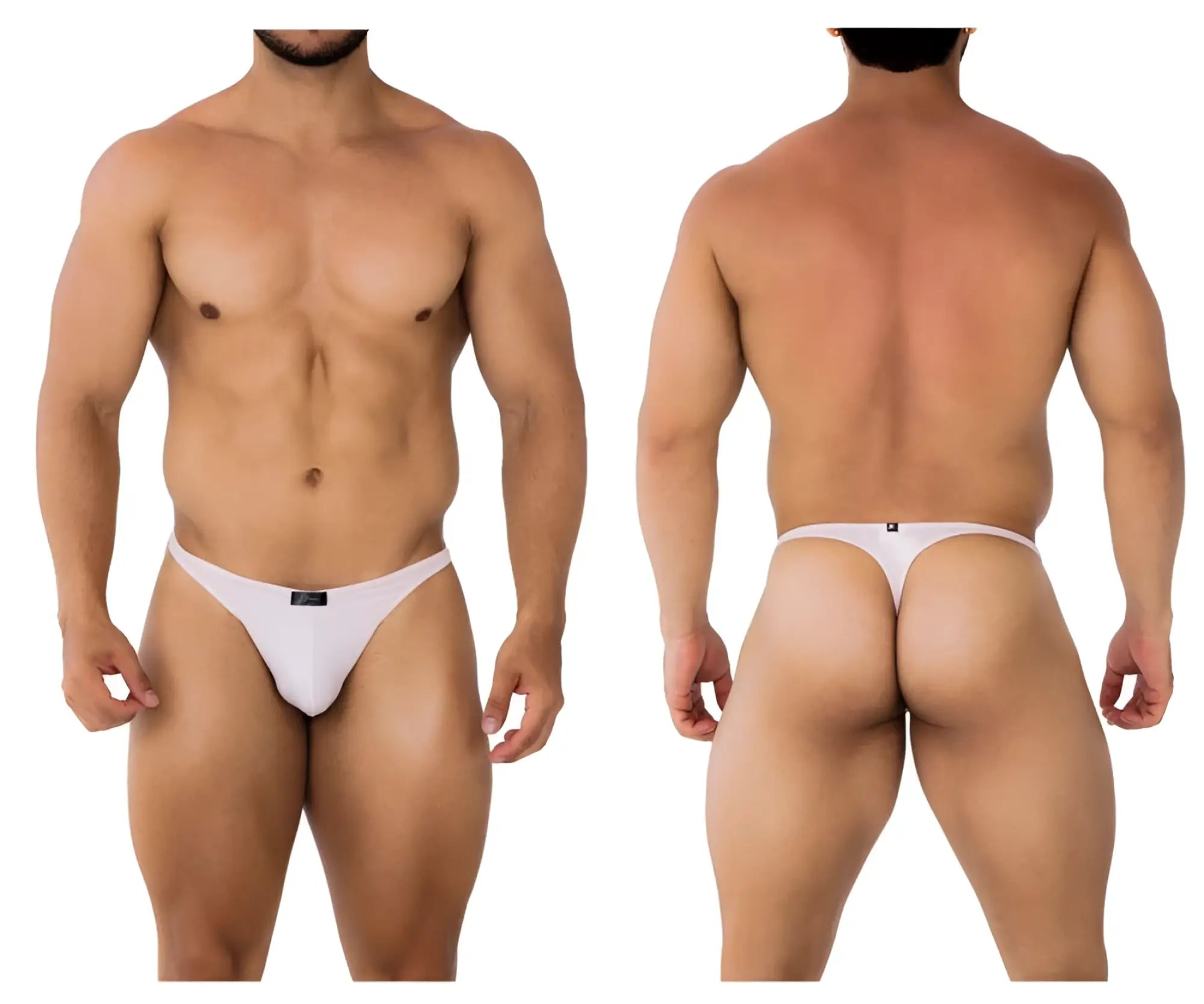 White microfiber thong in pink with a small black xtremen brand tag at the front for comfortable wear
