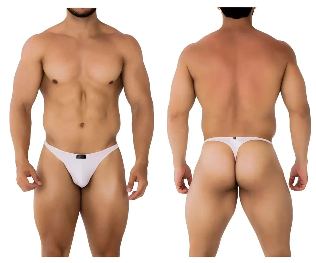 White microfiber thong in pink with a small black xtremen brand tag at the front for comfortable wear