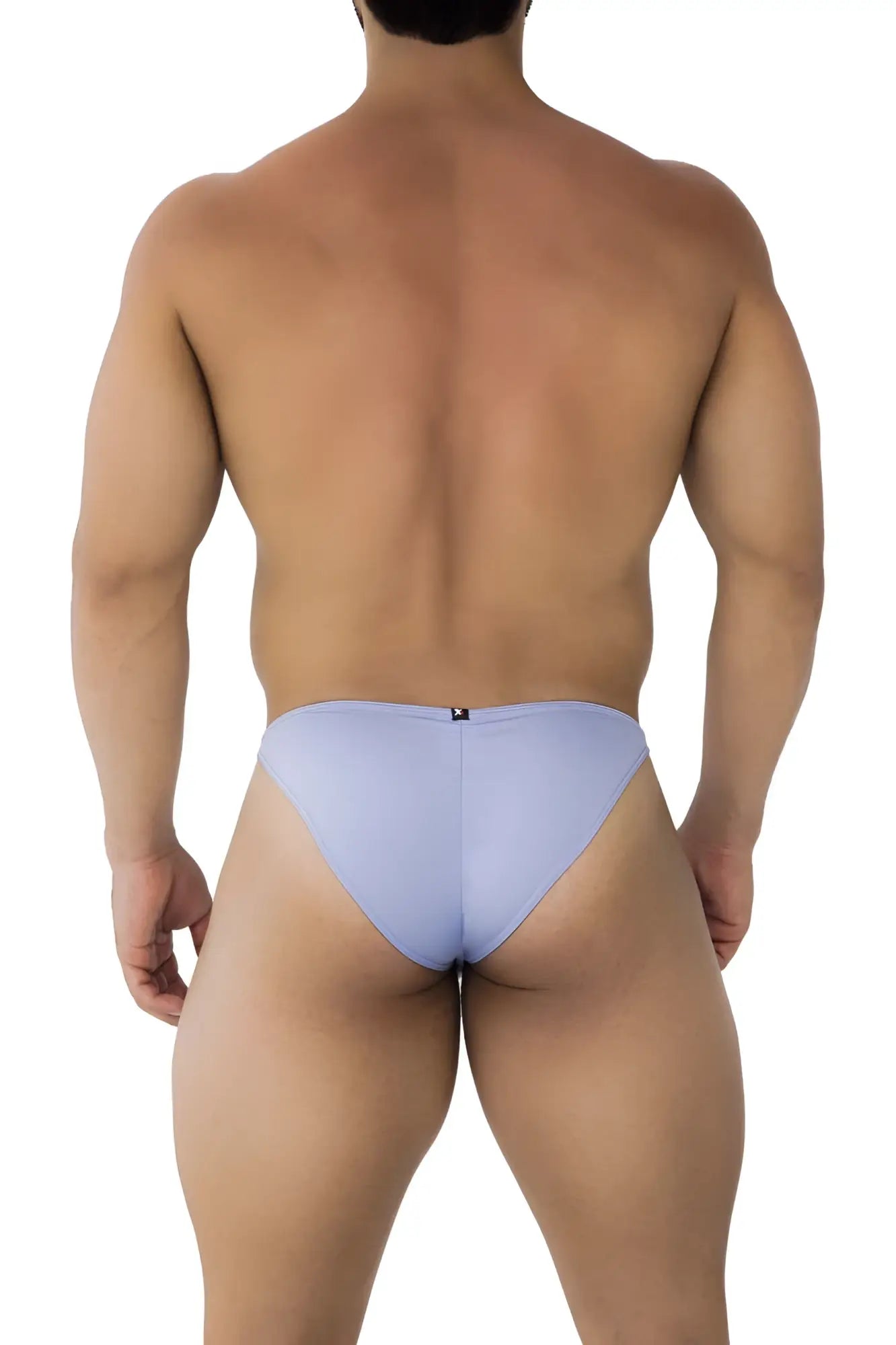 Light blue xtremen 91183 microfiber bikini briefs back with sleek smooth fabric and small black logo at center back