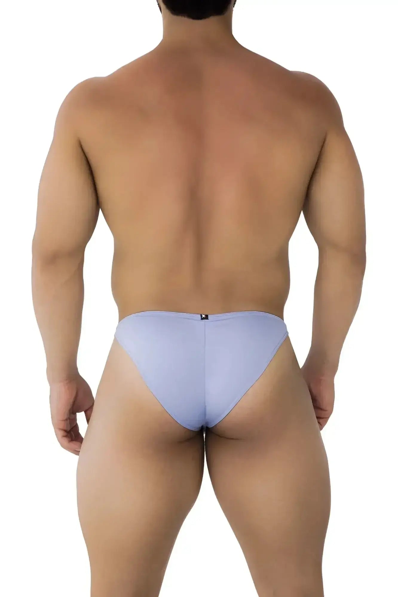 Light blue xtremen 91183 microfiber bikini briefs back with sleek smooth fabric and small black logo at center back