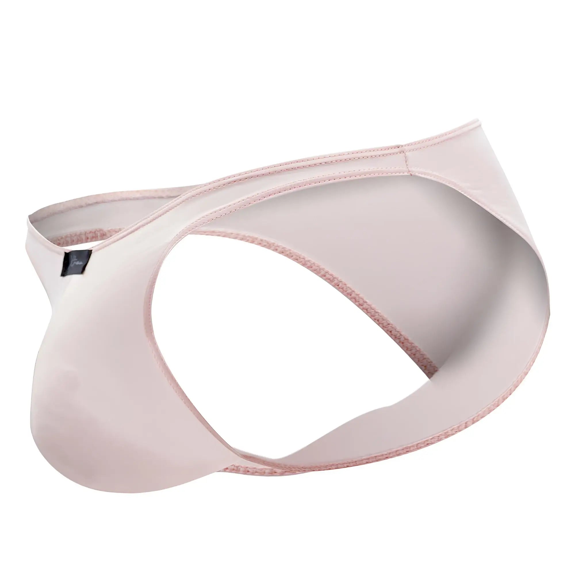 A sleek pale pink xtremen 91183 microfiber bikini brief with smooth satin finish and matching stitching details