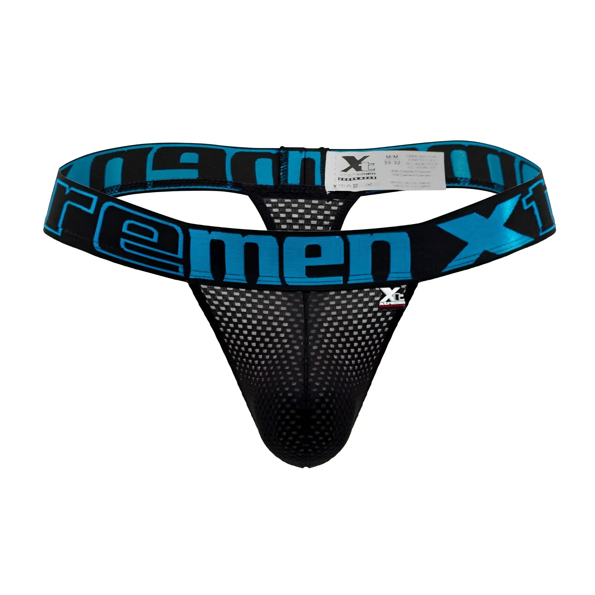 Black and blue mesh thong with bold xtreme branding on the waistband from Xtremen 91184 collection