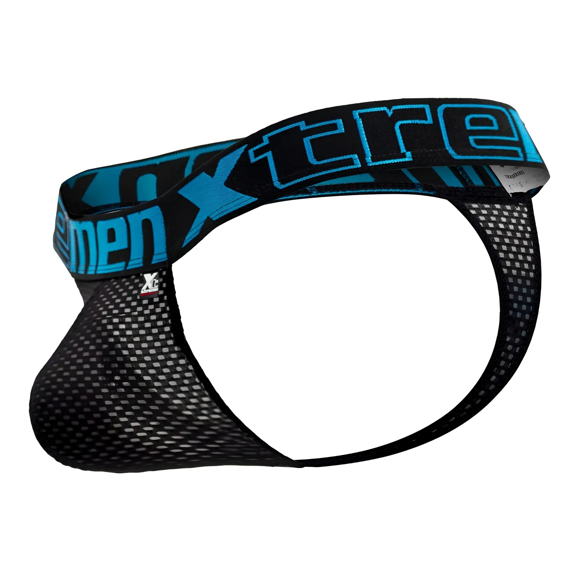 Black mesh brief with bold blue xtreme logo band from xtremen 91184 mesh thongs color black collection