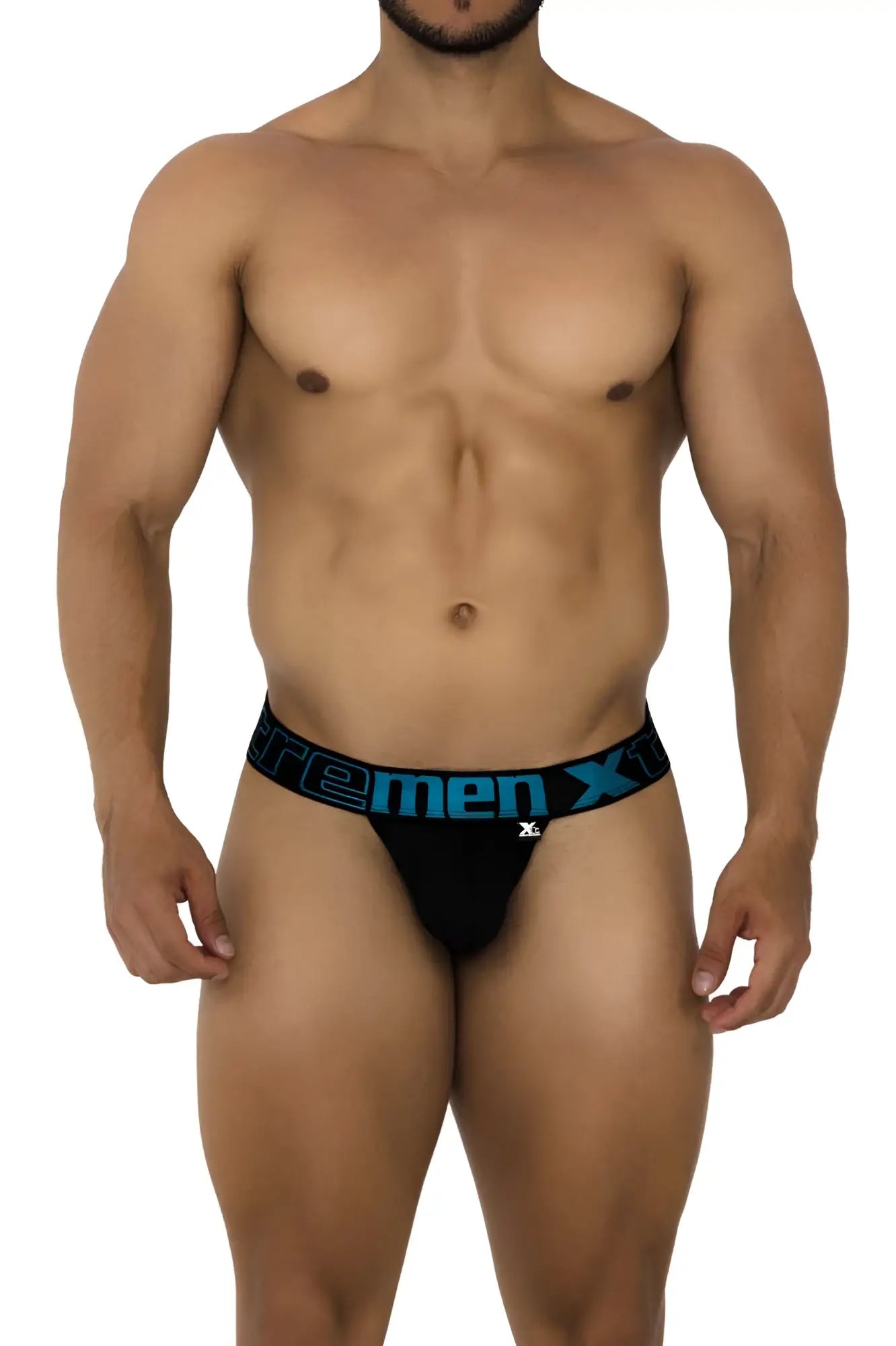 Black men’s briefs with blue xtrememen logo band made of mesh from the xtremen 91184 mesh thongs collection