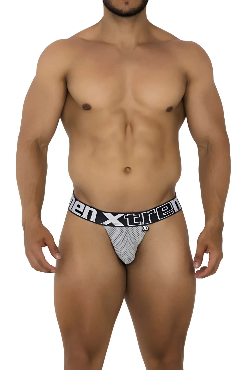 Gray mesh men xtreme 91184 brief with black elastic waistband and white men xtreme logo for comfortable wear