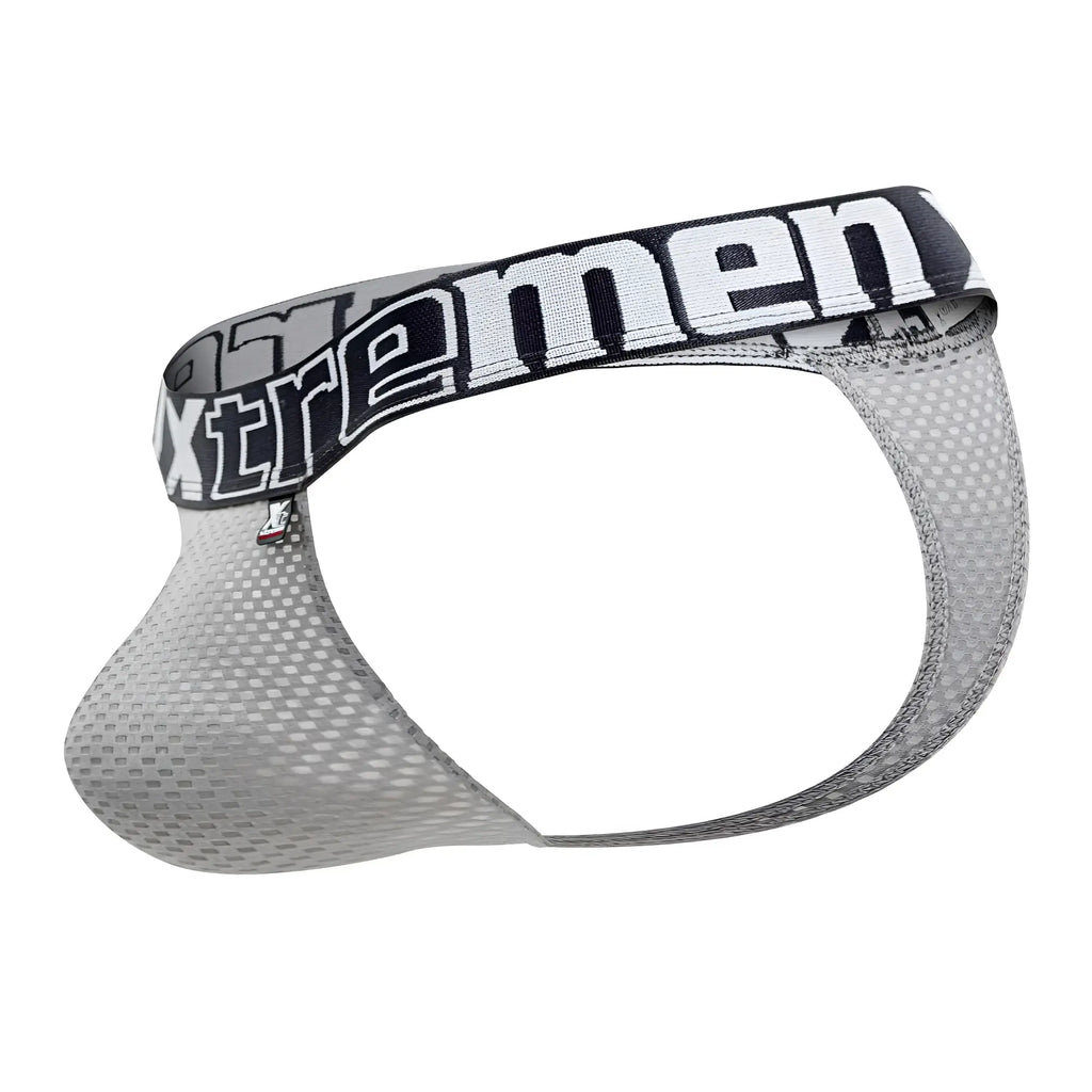 Gray mesh men’s briefs with a black and white xtremen waistband from the Xtremen 91184 mesh thongs collection