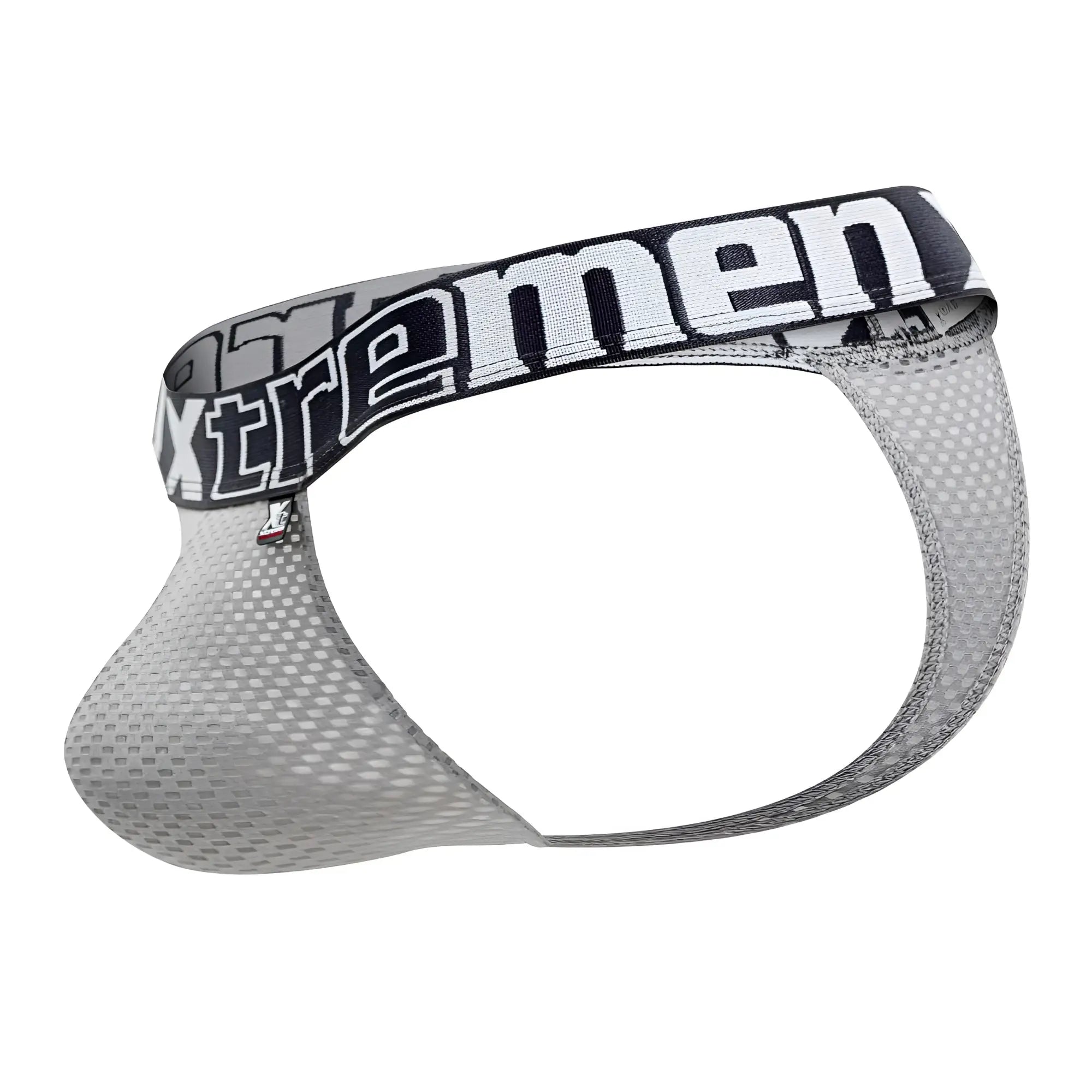 Gray mesh men’s briefs with a black and white xtremen waistband from the Xtremen 91184 mesh thongs collection