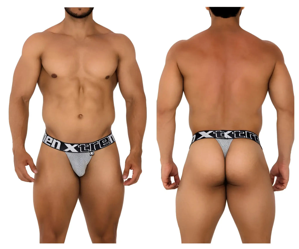 Gray mesh men’s thong with black elastic waistband featuring xtreme branding from Xtremen 91184 mesh thongs