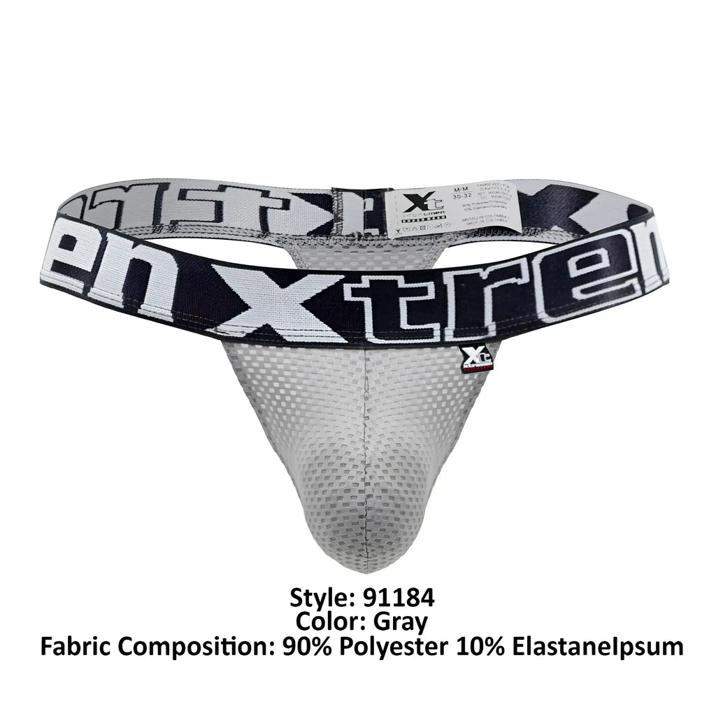 Gray xtremen 91184 mesh men’s thong with black and white branded waistband showing front view