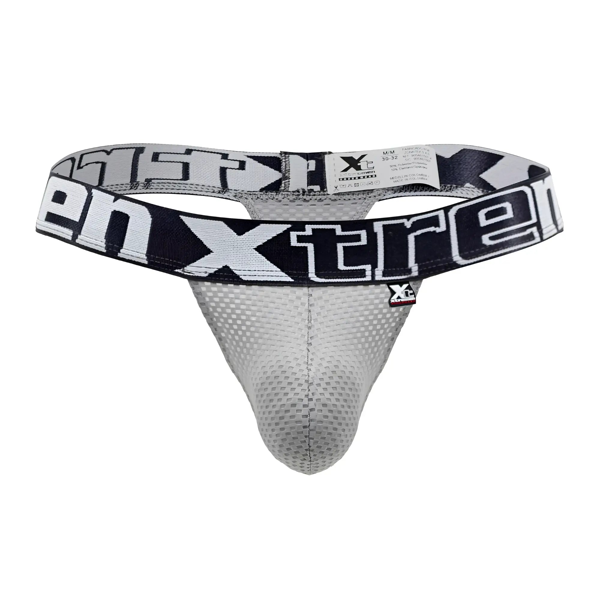 Gray xtremen 91184 mesh thong with black and white xtreme branded waistband shown from the front side
