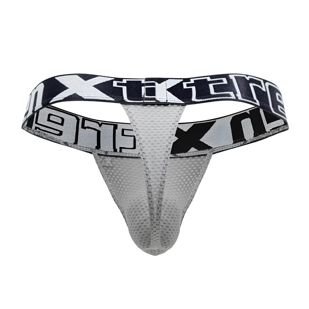 Gray mesh thong with black and white xtreme branding on waistband from xtremen 91184 mesh thongs collection