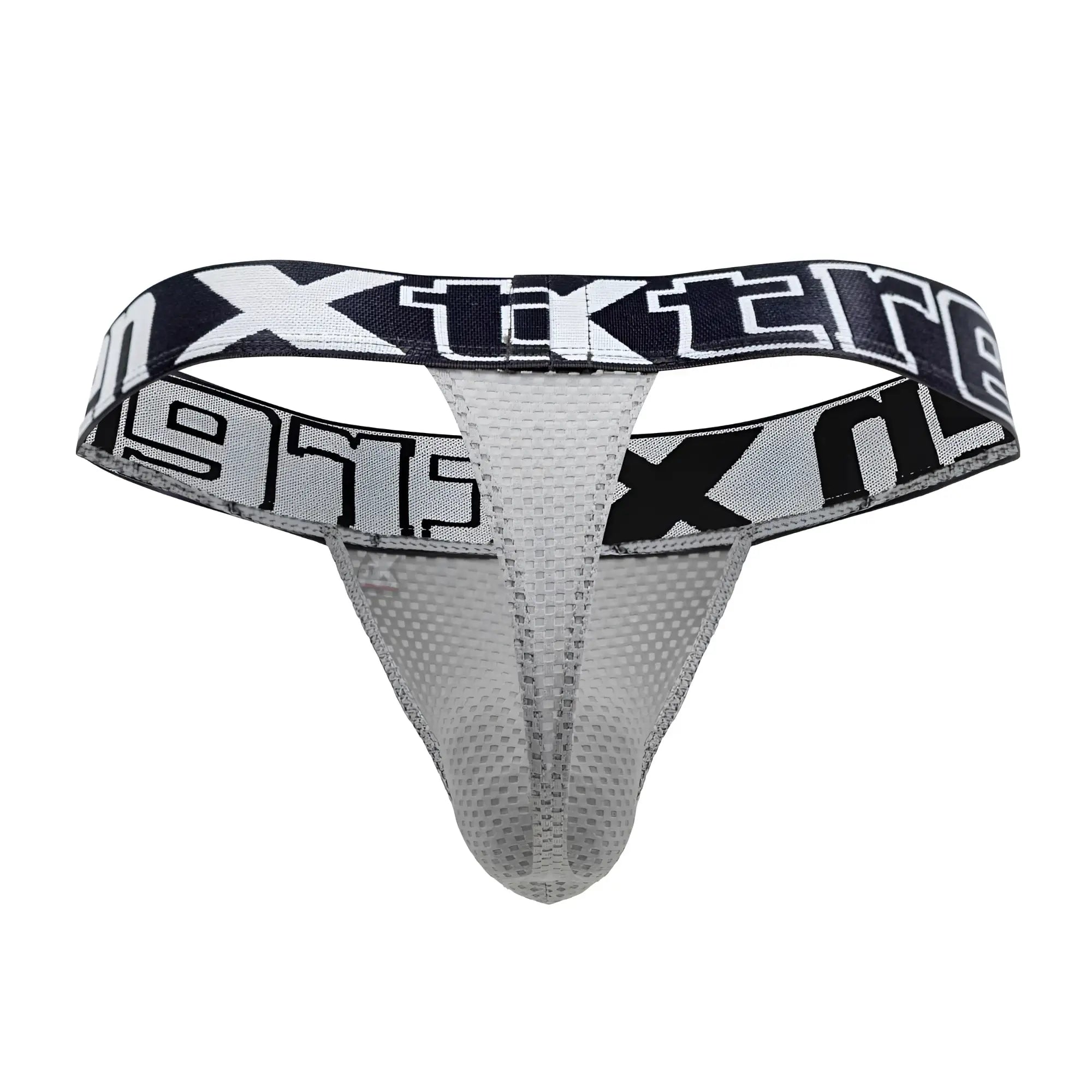 Gray mesh thong with black and white xtreme branding on waistband from xtremen 91184 mesh thongs collection