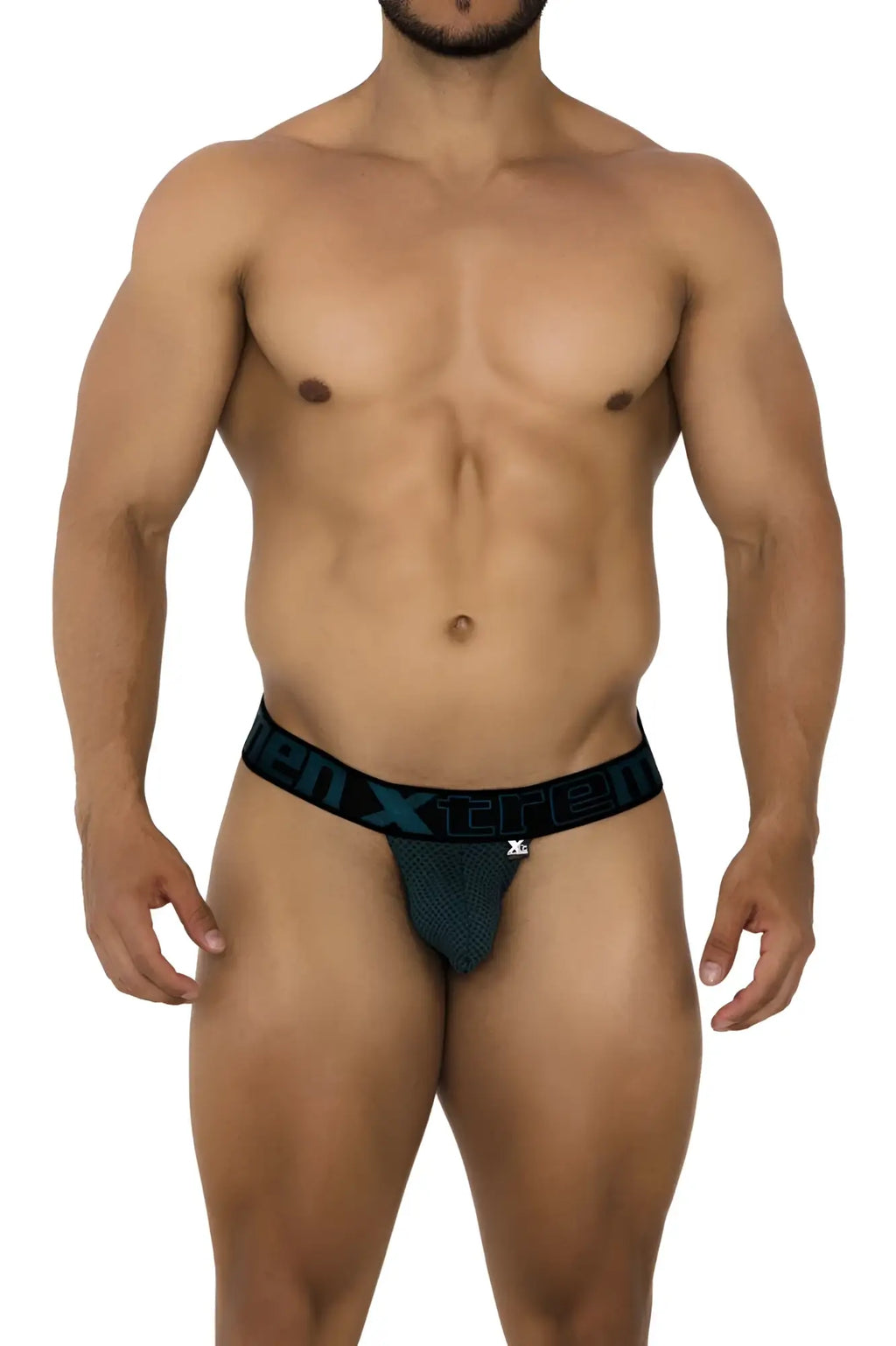 Black xtreme jockstrap with textured mesh front and teal logo elastic waistband in xtremen 91184 mesh thongs green