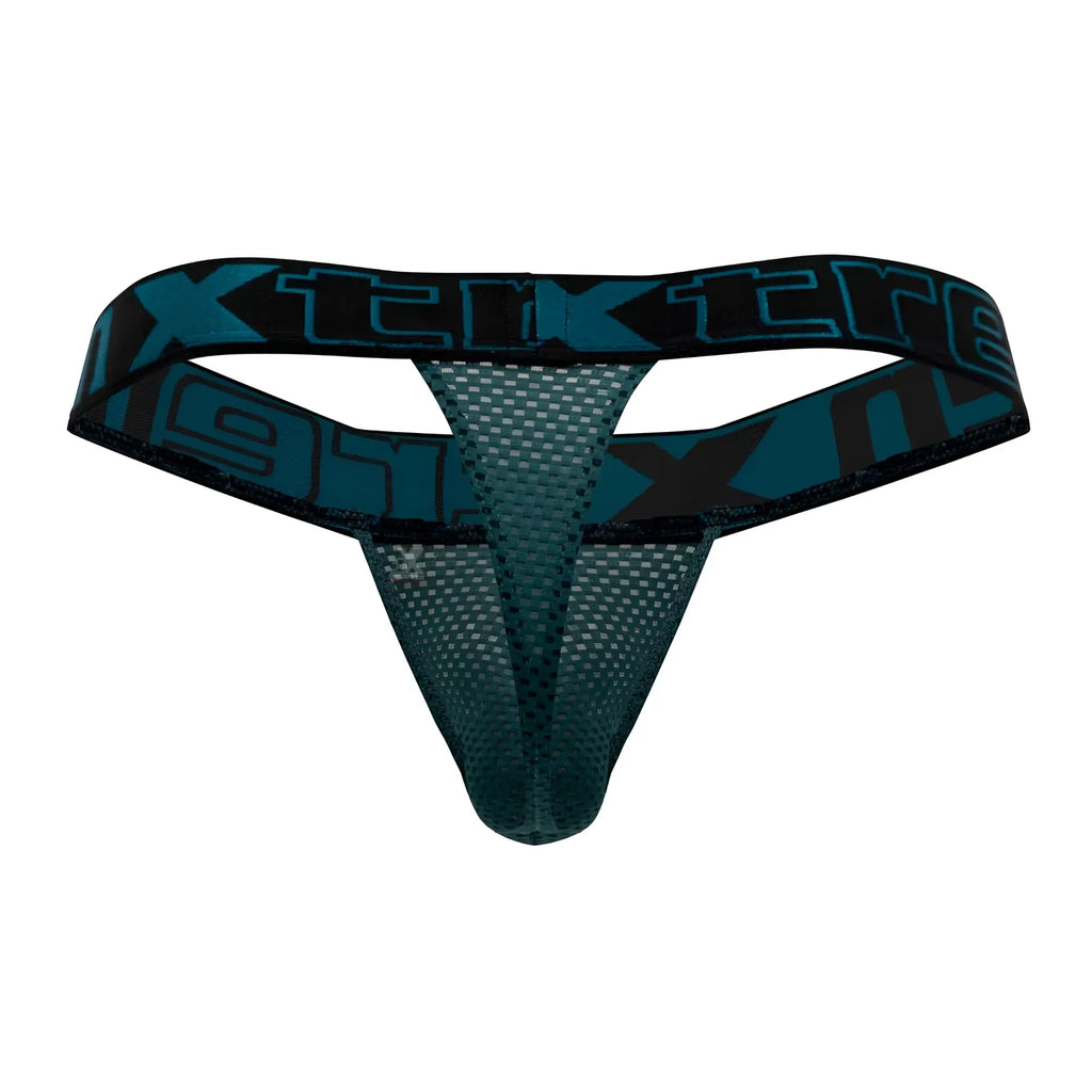Dark teal mesh thong with black elastic waistband featuring blue xtreme logo in xtremen 91184 mesh thongs color green