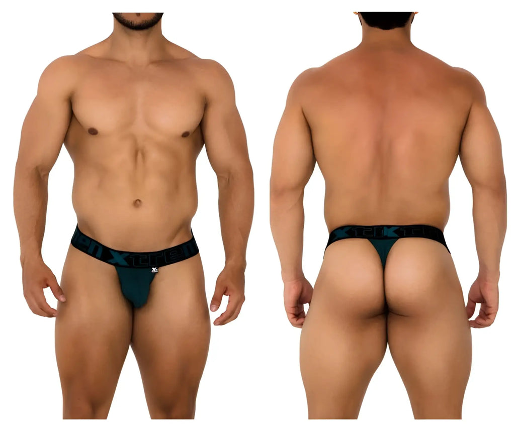 Dark teal Xtremen 91184 mesh thong with black elastic waistband and subtle logo pattern visible from the back side