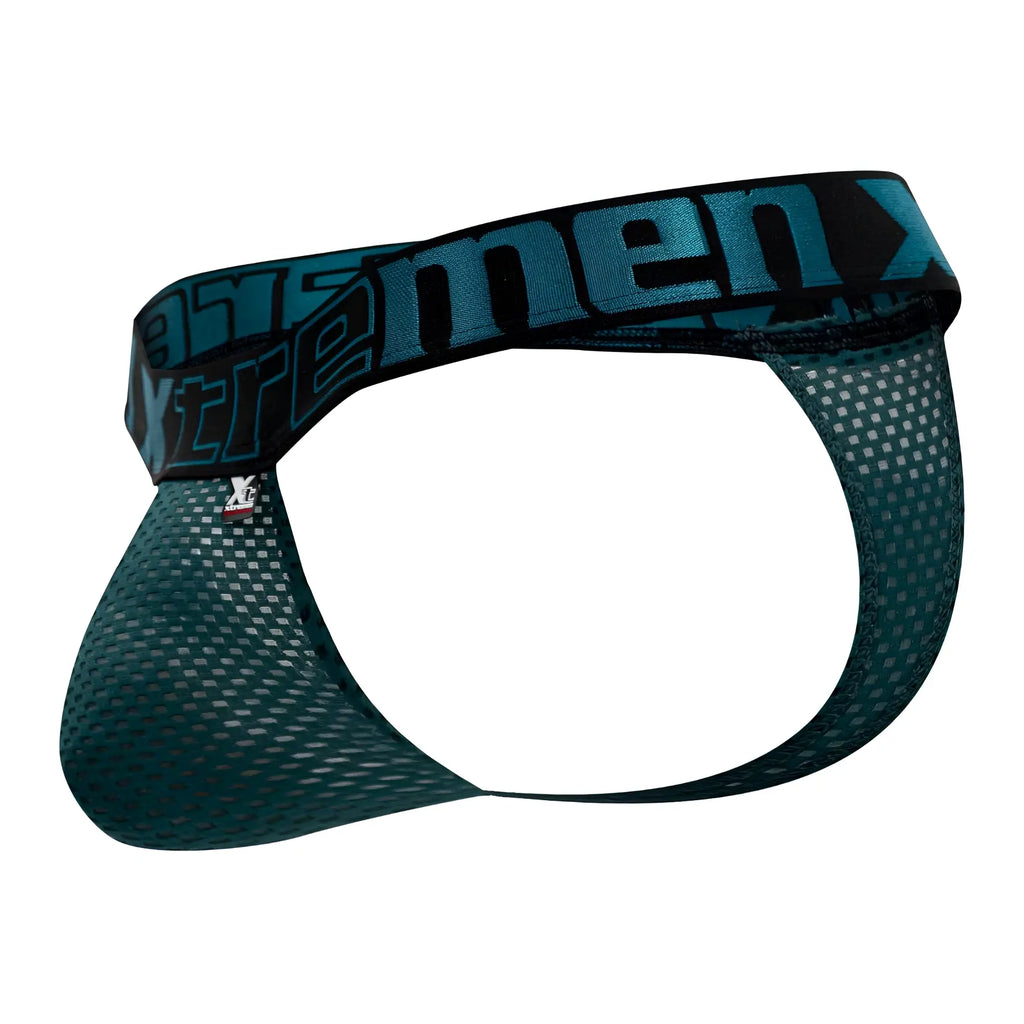 Teal mesh briefs with a black waistband featuring xtreme men logo in teal from Xtremen 91184 mesh thongs green color