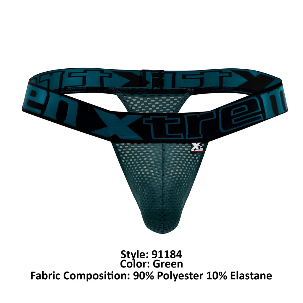 Green mesh thong with black elastic waistband and teal xtreme logo from Xtremen 91184 mesh thongs color green
