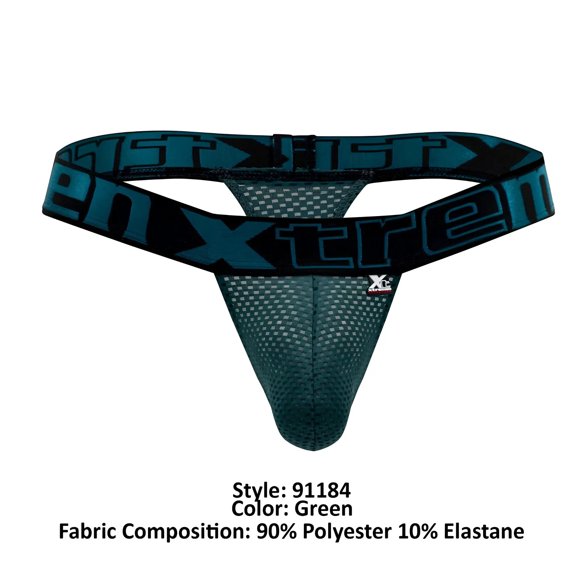 Green mesh thong with black elastic waistband and teal xtreme logo from Xtremen 91184 mesh thongs color green