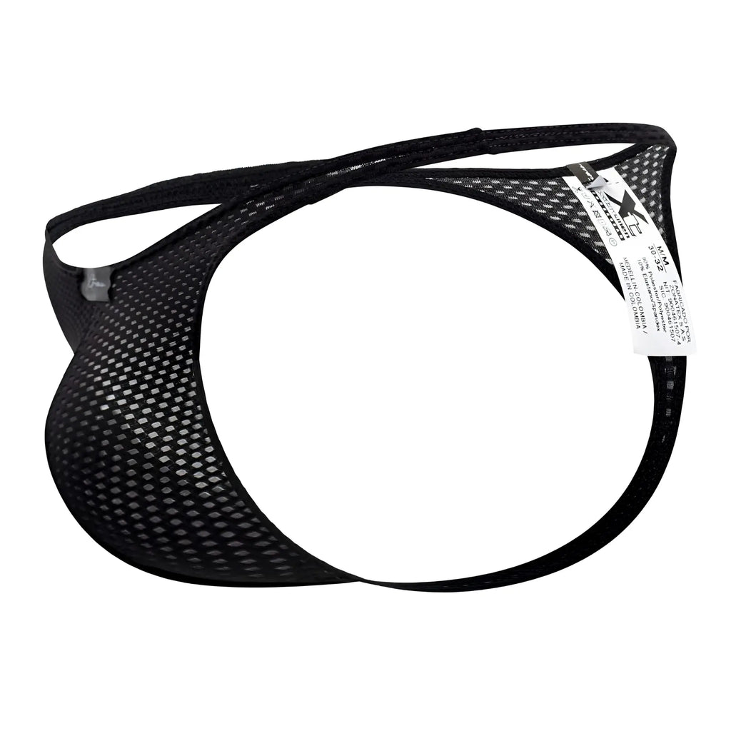Black xtremen 91185 mesh thong for men with sleek form-fitting design and reinforced elastic straps visible from front