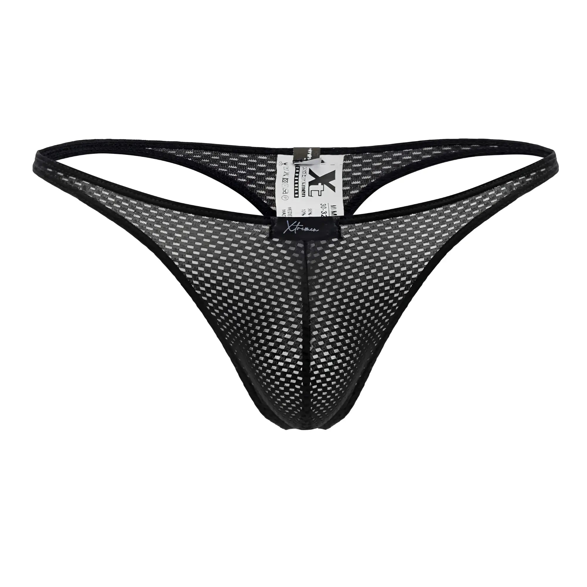 Xtremen 91185 black mesh thong with solid black trim and adjustable waistband showing the back side of the product