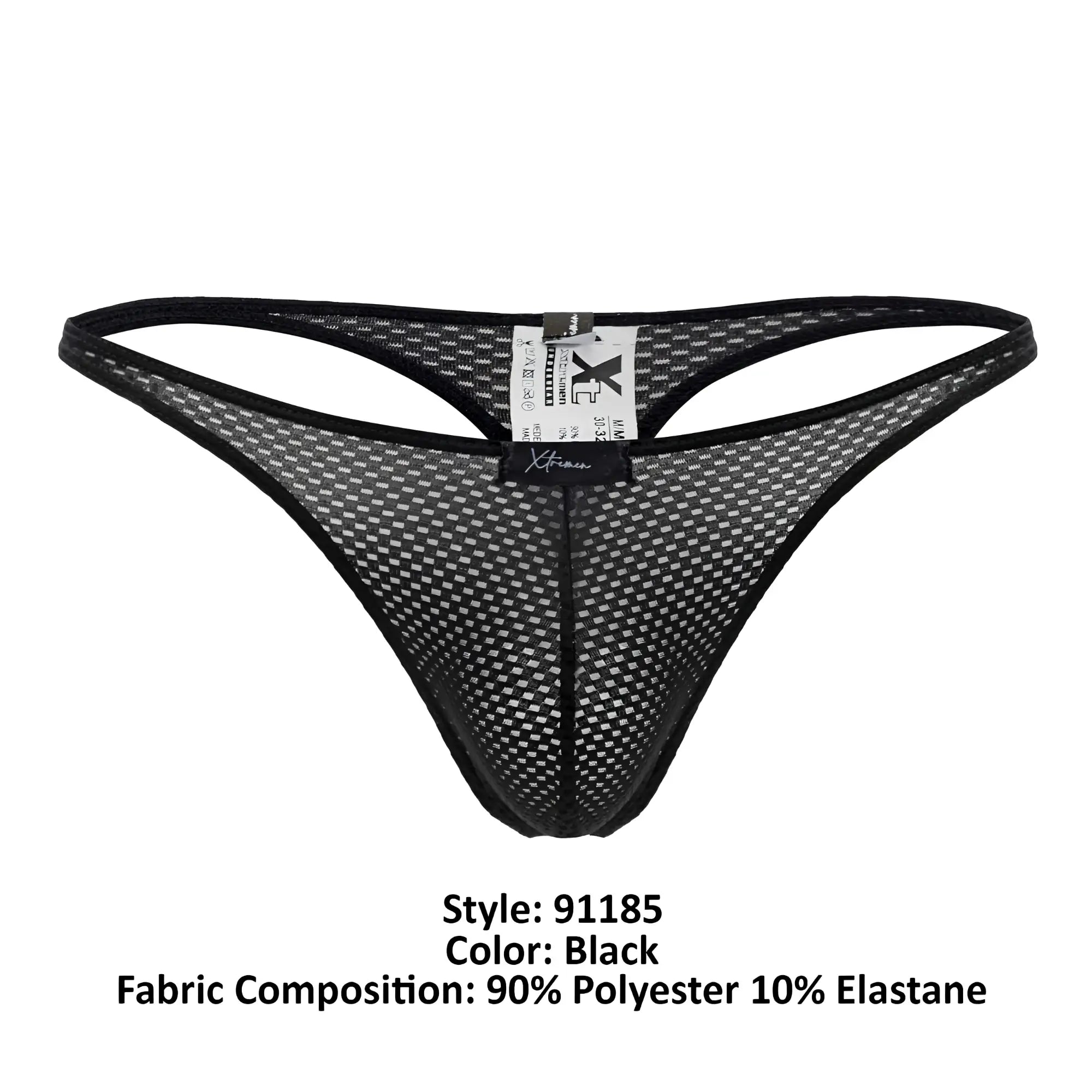 Xtremen 91185 black mesh thong with subtle grid pattern and reinforced black trim shown from the back side