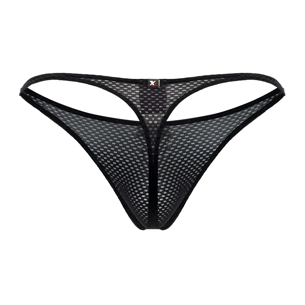 Xtremen 91185 mesh thong in black with subtle grid pattern and reinforced edges shown from the back side
