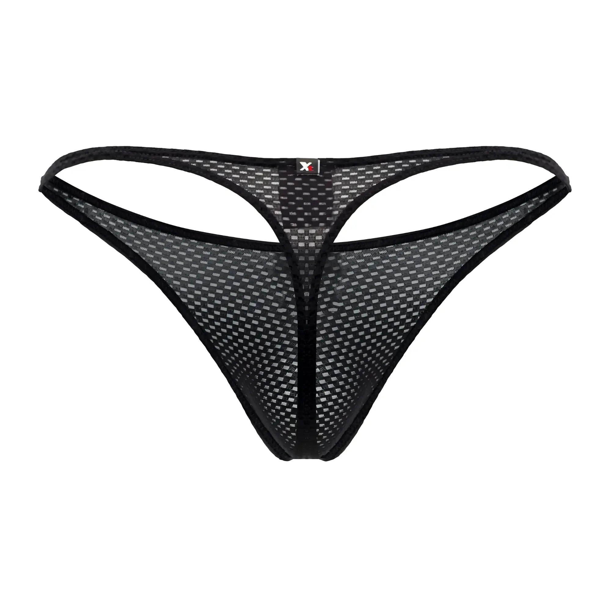 Xtremen 91185 mesh thong in black with subtle grid pattern and reinforced edges shown from the back side