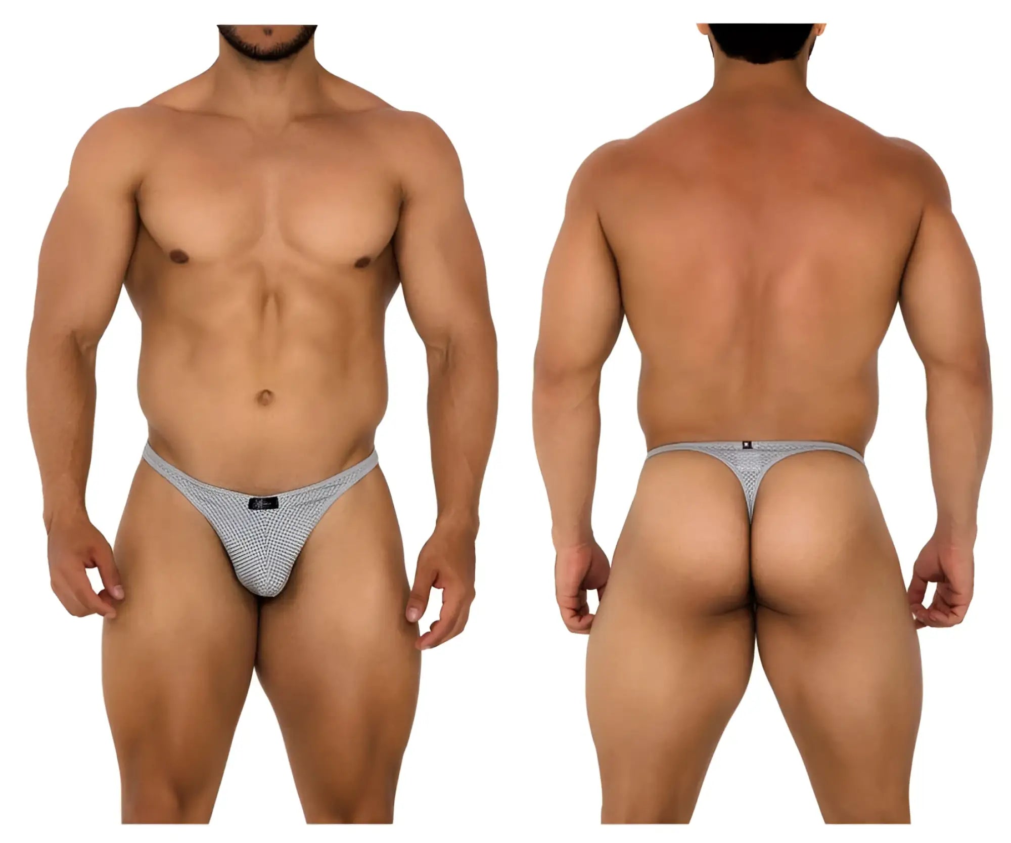 Gray mesh thong with a small black xtremen brand tag at the front from the 91185 mesh thongs collection