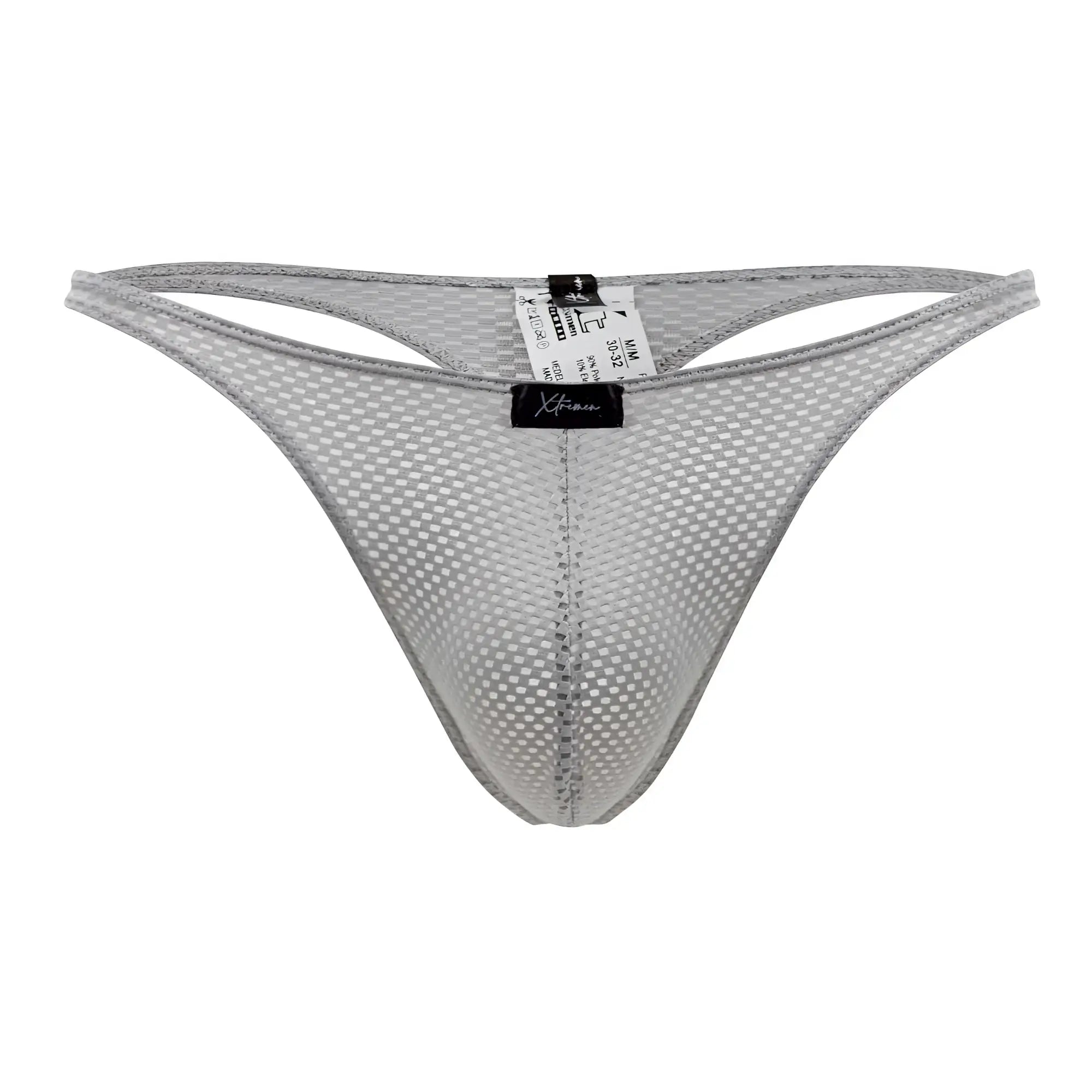 Gray xtremen 91185 mesh thong with subtle grid pattern and reinforced edges made of breathable mesh fabric