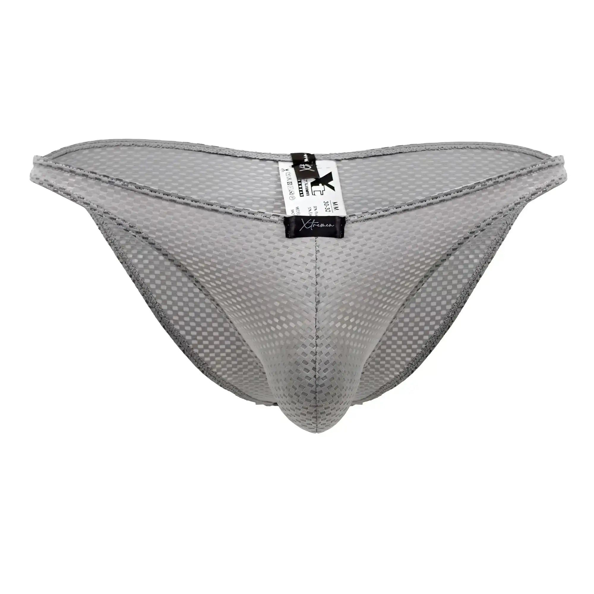 Xtremen 91186 mesh bikini briefs in gray with subtle checkered pattern and reinforced edge stitching