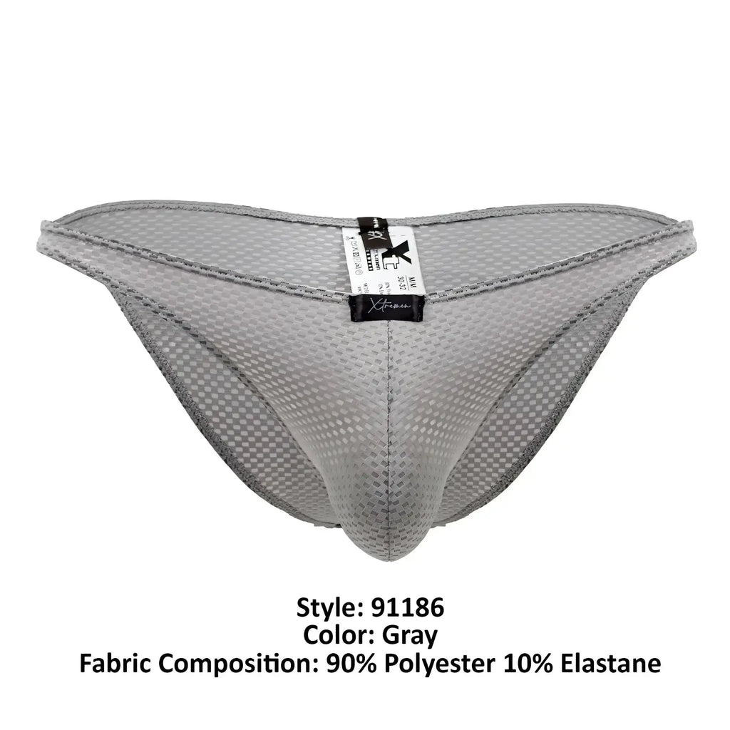 Xtremen 91186 mesh bikini briefs in gray with subtle checkered pattern and reinforced stitching along edges