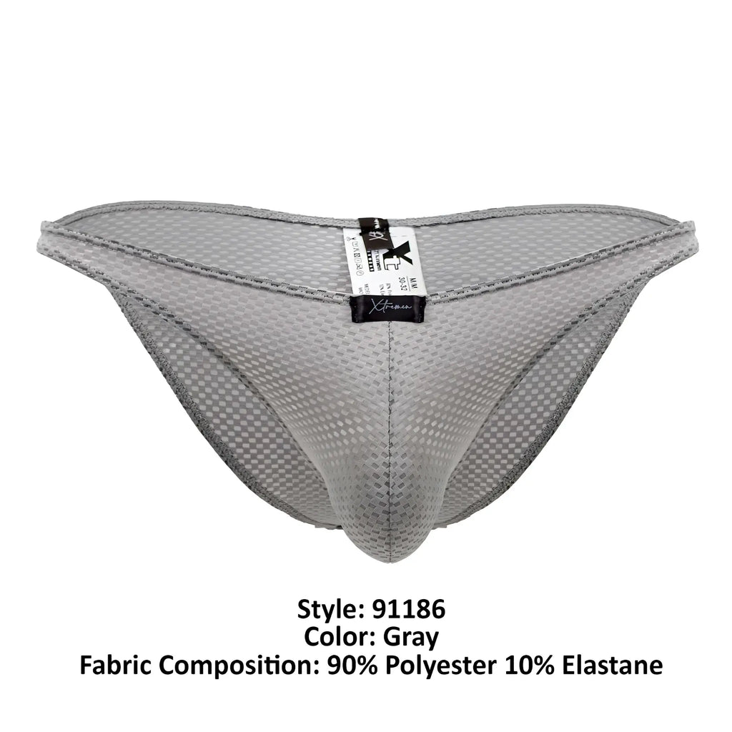 Xtremen 91186 mesh bikini briefs in gray with subtle checkered pattern and reinforced stitching along edges