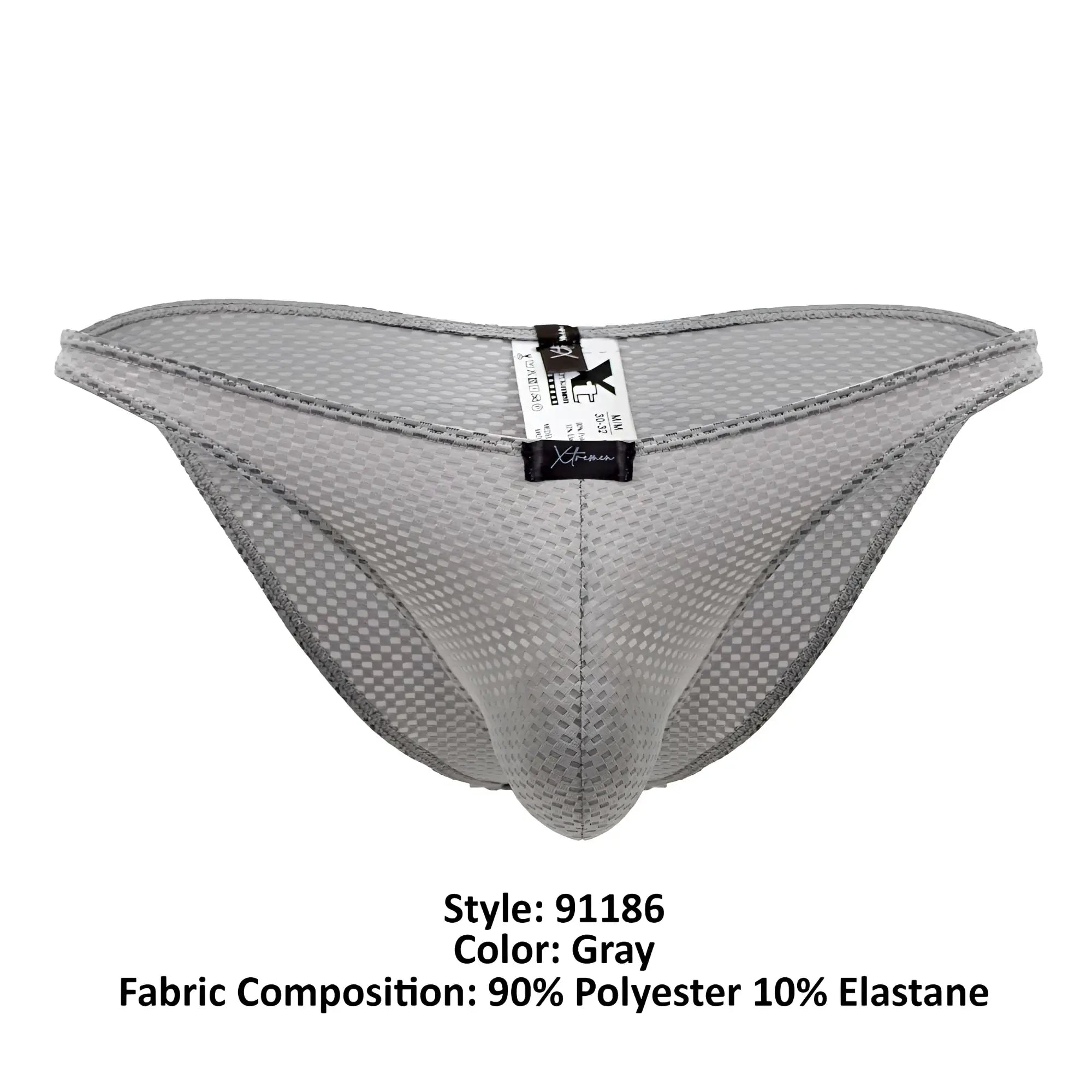 Xtremen 91186 mesh bikini briefs in gray with subtle checkered pattern and reinforced stitching along edges