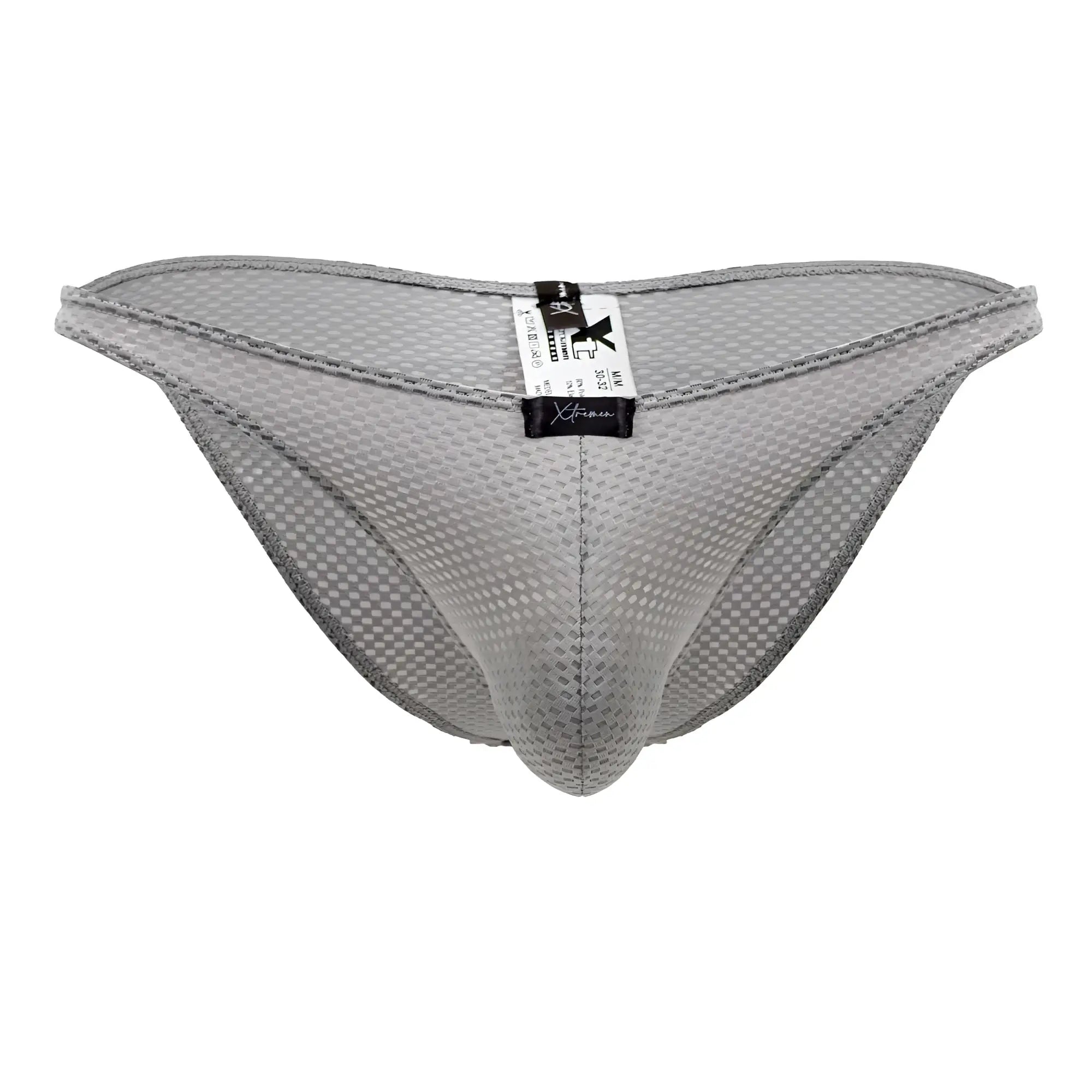 Xtremen 91186 mesh bikini briefs in gray with subtle checkered pattern and reinforced edge stitching
