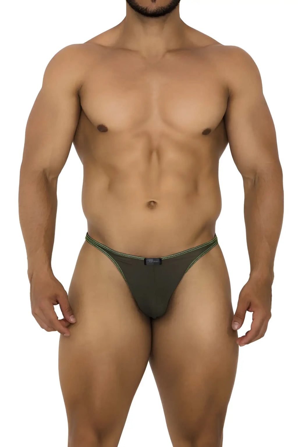 Dark olive green Xtremen 91189 tulle mesh thong with neon green trim and black brand tag at the waistband