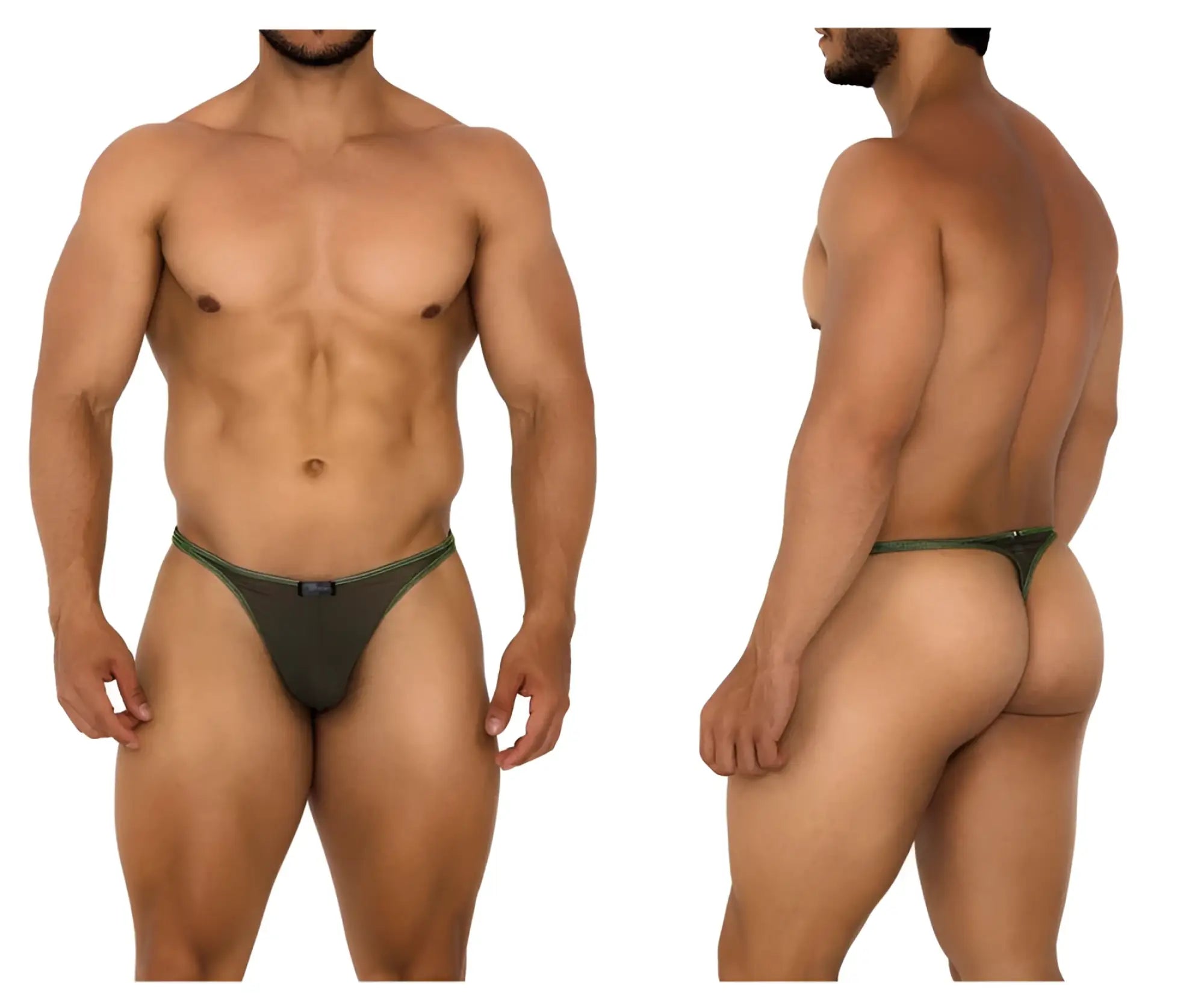 Dark green xtremen 91189 tulle mesh thong with subtle contrasting trim in a form-fitting style shown from the back