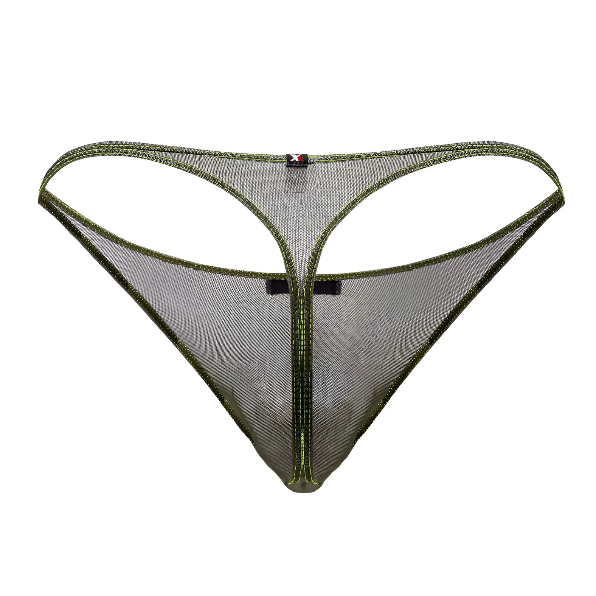 Xtremen 91189 tulle mesh thong for men in olive green with matching stitching and black label in breathable mesh material