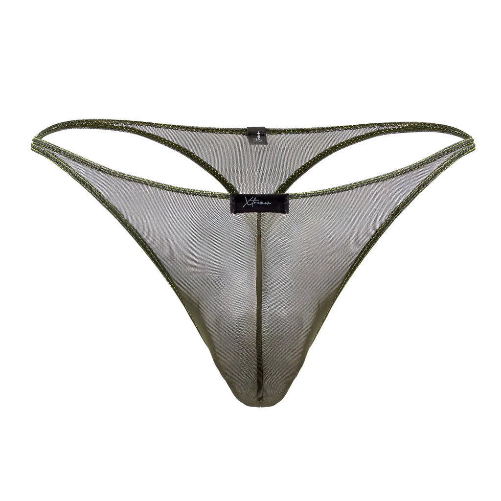 Olive green Xtremen 91189 tulle mesh thong with reinforced stitching and branded label at the center front