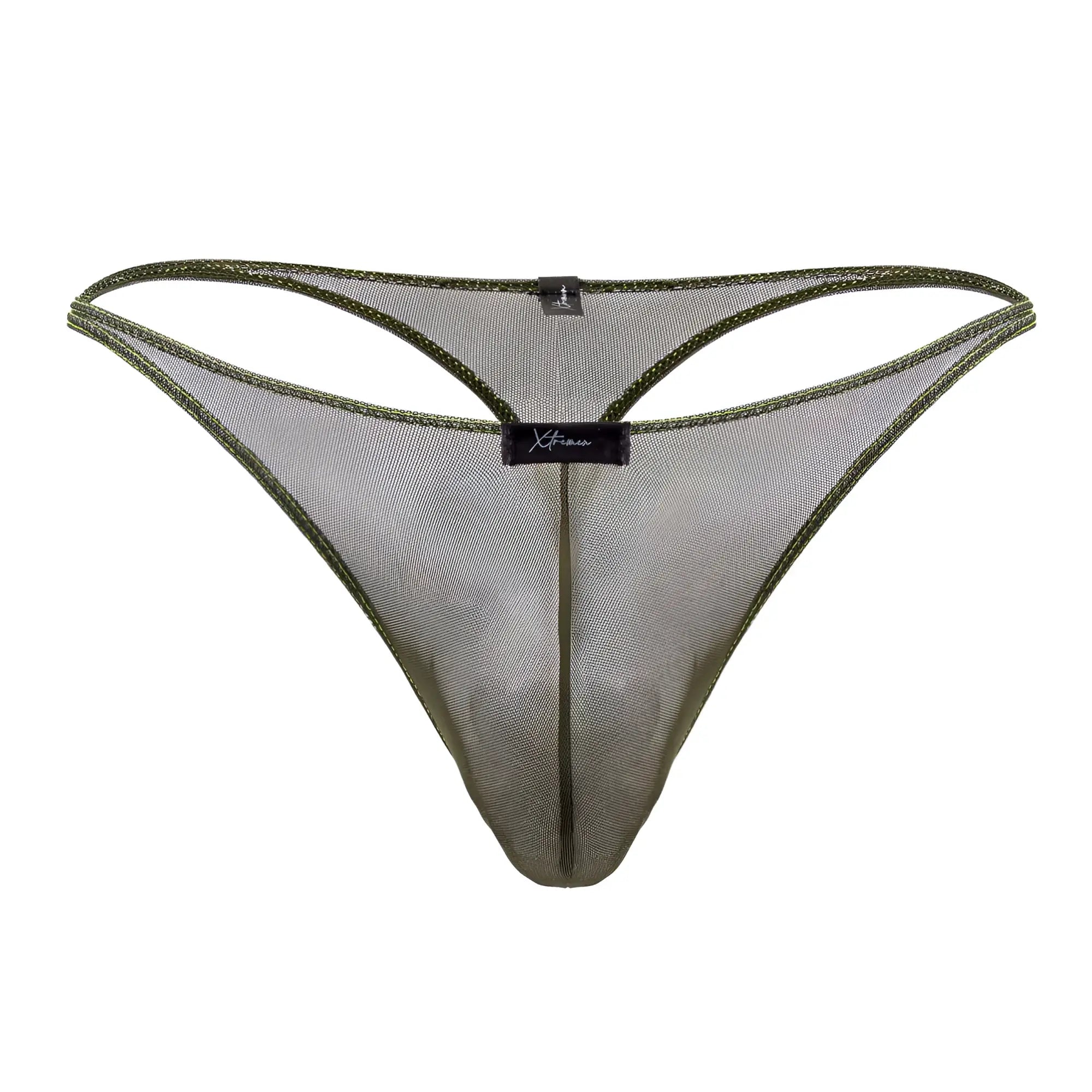 Olive green Xtremen 91189 tulle mesh thong with reinforced stitching and branded label at the center front