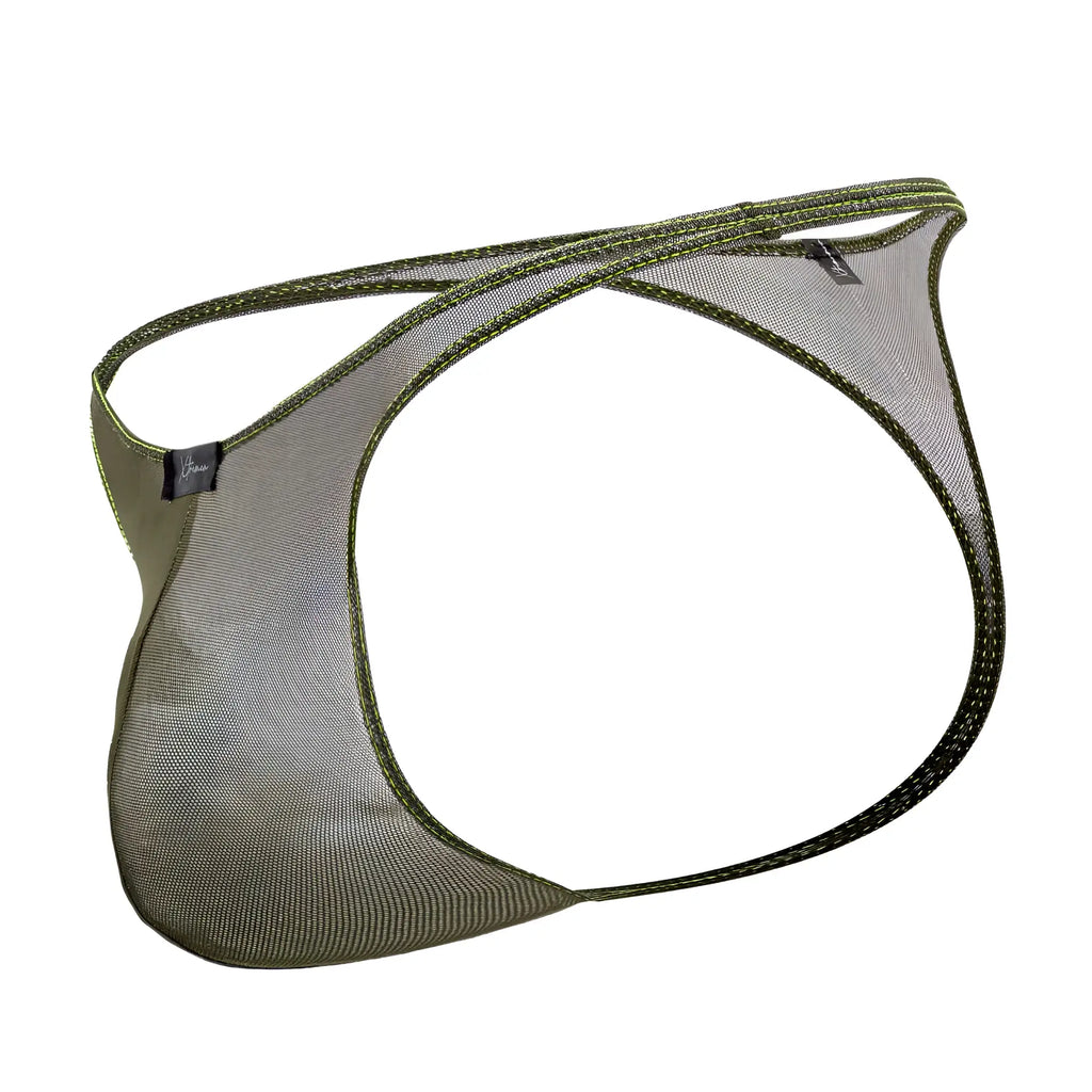 Xtremen 91189 green tulle mesh thong with olive green mesh, reinforced stitching, and a small brand tag