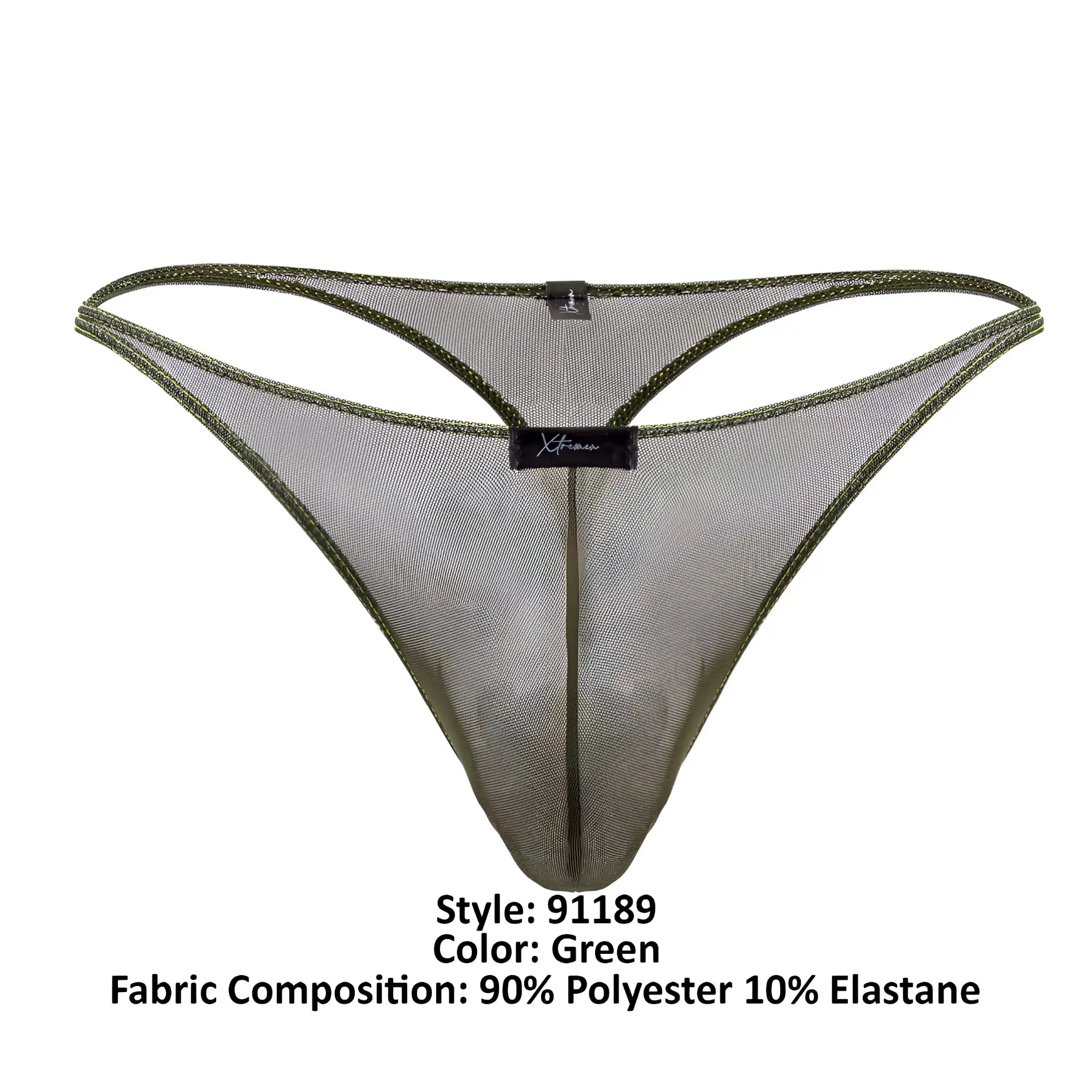 Green xtremen 91189 tulle mesh thong with subtle sheen reinforced edges and brand label at center front