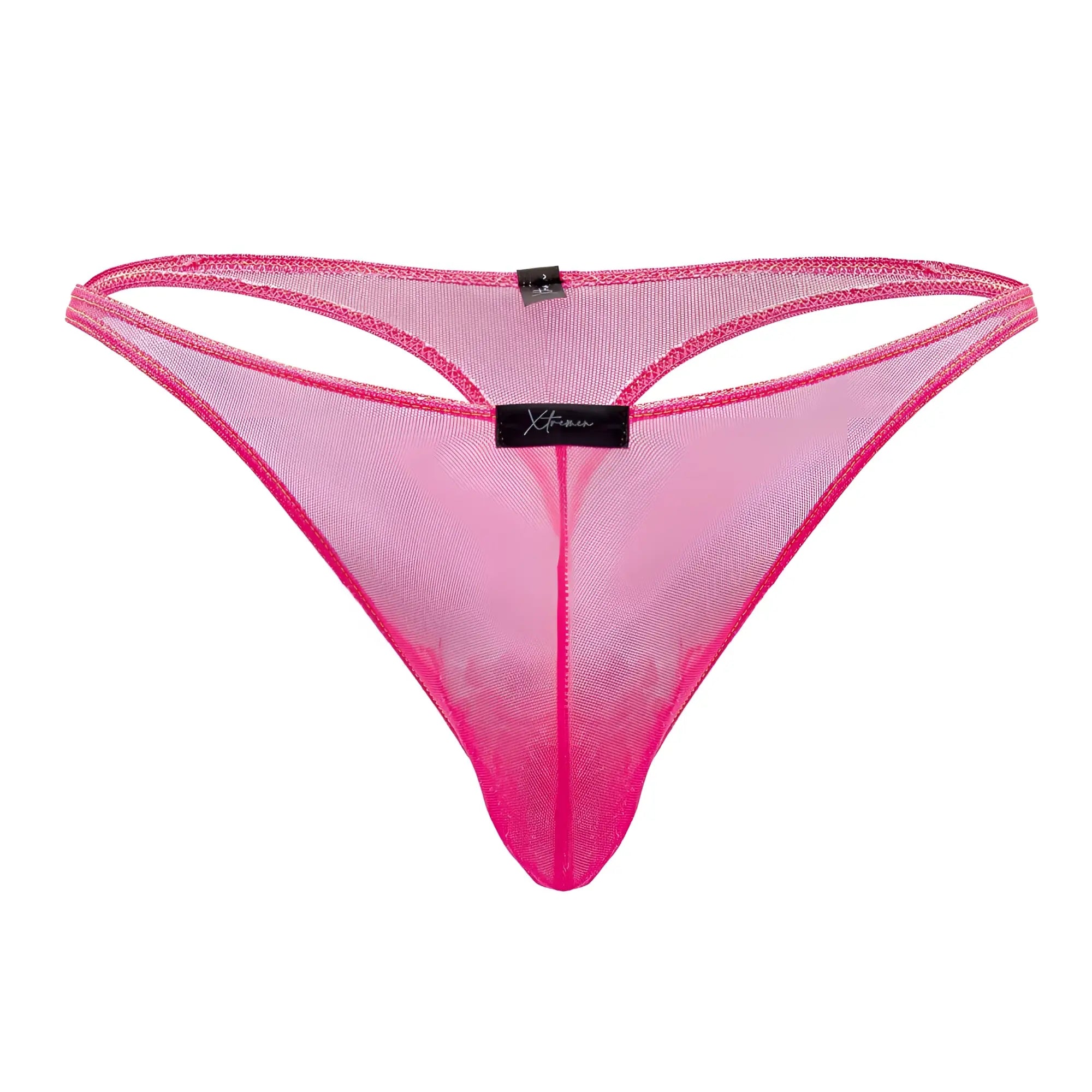 Bright pink Xtremen 91189 tulle mesh thong with black brand tag at center front showing sheer fabric design