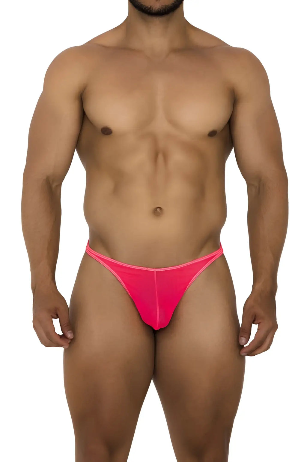 Bright pink xtremen 91189 tulle mesh thong with snug form-fitting design shown from the back side